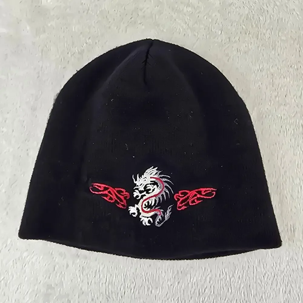Y2K Tribal Dragon Knit Mens Beanie Black Hat Embroidered Vintage Skate Grunge